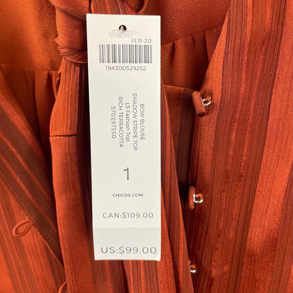 Chicos Blouse Womens Medium Bow Shadow Stripe Top Satin Terracotta Rust Sz 1 NWT - Picture 8 of 13